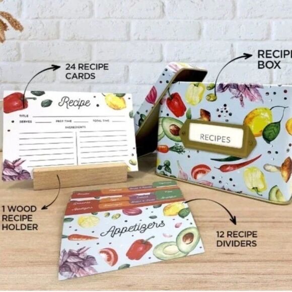 Vegetable Farmhouse Recipe Box Metal Recipe Cards Dividers Holder - Picture 8 of 8